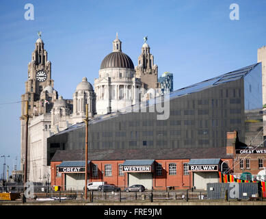 Blick auf Leber-Gebäude vom Albert Dock, Liverpoool, UK. Pier Head Waterfront Albert Dock ist eine wichtige touristische Attraktion in der Stadt und die meistbesuchte Sehenswürdigkeit in Großbritannien außerhalb von London. Es ist ein wesentlicher Bestandteil von Liverpool UNESCO bezeichnet Maritime Mercantile Weltkulturerbestadt. Die Docking-komplex und Lager umfassen auch die größte Einzelsammlung der Klasse I aufgeführten Gebäude überall im Vereinigten Königreich Stockfoto