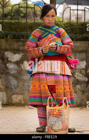 Frau in bunten Trachten mit einem Smartphone, Bac Ha, North, Vietnam Stockfoto