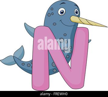 Alphabet N mit Narwhal Cartoon Stock Vektor