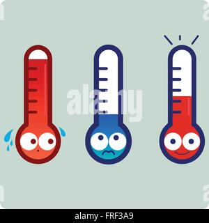 Zeichentrickthermometer-Zeichen. Niedliche Temperatursymbole. Heißes und kaltes Wetter. Vektorabbildung Stock Vektor