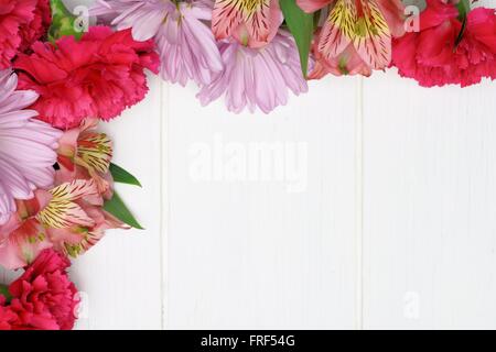 Ecke Grenze rosa Nelke, Daisy und Lily Blüten vor einem weißen Hintergrund Holz Stockfoto