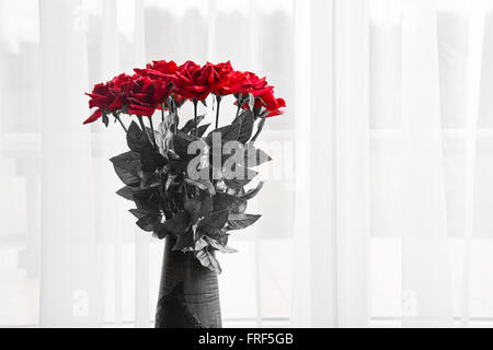 Bouquet von frischen roten Rosen in einer Vase. Liebe und Romantik. Stockfoto