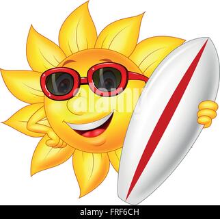 Sun Cartoon Holding ein Surfer Board Stock Vektor