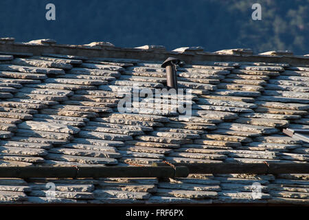 Dach des traditionellen Chalet in europäischen Alpen von flach Rohsteine Stockfoto