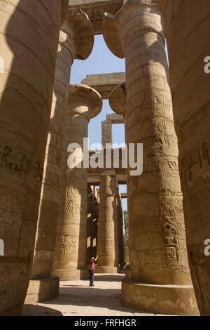 Die hohen Säulen in der Säulenhalle im Tempel des Amun in Karnak, Luxor, Nil Senke, Ägypten. Der Karnak-Tempel-Komplex ist das größte religiöse Gebäude, die jemals gemacht wurde, mit ca. 200 Hektar. Es umfasst eine große Mischung aus verfallenen Tempel, Kapellen, Pylone und andere Gebäude erbaut mehr als 2.000 Jahren und der thebanischen Triade des Amun, Mut und Khonsu gewidmet. Die Säulenhalle auf 54.000 Quadratfuß (16.459 Meter) und mit 134 Säulen, ist immer noch der größte Raum des jede religiöse Gebäude der Welt. Stockfoto