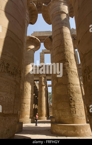 Die hohen Säulen in der Säulenhalle im Tempel des Amun in Karnak, Luxor, Nil Senke, Ägypten. Der Karnak-Tempel-Komplex ist das größte religiöse Gebäude, die jemals gemacht wurde, mit ca. 200 Hektar. Es umfasst eine große Mischung aus verfallenen Tempel, Kapellen, Pylone und andere Gebäude erbaut mehr als 2.000 Jahren und der thebanischen Triade des Amun, Mut und Khonsu gewidmet. Die Säulenhalle auf 54.000 Quadratfuß (16.459 Meter) und mit 134 Säulen, ist immer noch der größte Raum des jede religiöse Gebäude der Welt. Stockfoto