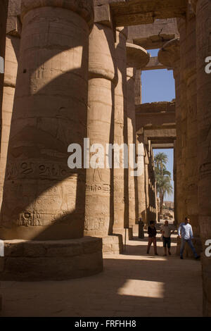 Die hohen Säulen in der Säulenhalle im Tempel des Amun in Karnak, Luxor, Nil Senke, Ägypten. Der Karnak-Tempel-Komplex ist das größte religiöse Gebäude, die jemals gemacht wurde, mit ca. 200 Hektar. Es umfasst eine große Mischung aus verfallenen Tempel, Kapellen, Pylone und andere Gebäude erbaut mehr als 2.000 Jahren und der thebanischen Triade des Amun, Mut und Khonsu gewidmet. Die Säulenhalle auf 54.000 Quadratfuß (16.459 Meter) und mit 134 Säulen, ist immer noch der größte Raum des jede religiöse Gebäude der Welt. Stockfoto