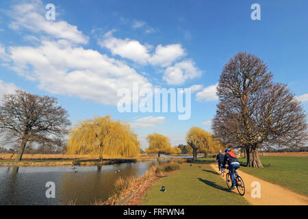 Bushy Park, London, UK. 22. März 2016. Es war ein schöner Frühlingstag in Bushy Park, London, wie die Menschen den blauen Himmel genießen und Sonnenschein wie sie Zyklus runden den Heron-Teich. Bildnachweis: Julia Gavin UK/Alamy Live-Nachrichten Stockfoto