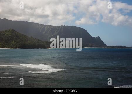 Kauai, Hawaii, USA. 21. Dezember 2015. Blick auf das Meer vom Balkon auf das St. Regis Princeville Resort mit Blick auf Hanalei Bay an der North Shore. Kauai ist die viertgrößte der Hauptinseln des Hawaii-Archipels und die 21. größte Insel in den Vereinigten Staaten. Auch bekannt als der "Garteninsel", liegt Kauai 105 Meilen (169 km) über den Kanal Kauai, nordwestlich von Oahu. Kauai Inseln Ursprünge sind vulkanischen Ursprungs, entstanden durch den Durchgang der pazifischen Platte über die Hawaii-Hotspot. Im Alter von etwa 6 Millionen Jahren ist es das älteste von den Hauptinseln. (Kredit-Bild: © Ru Stockfoto