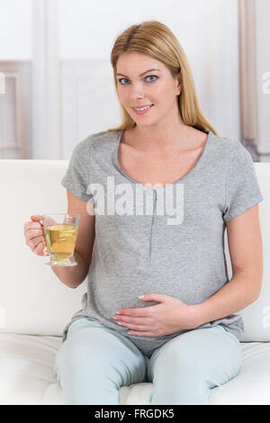 Schöne glückliche schwangere Frau mit einer Tasse Tee Stockfoto