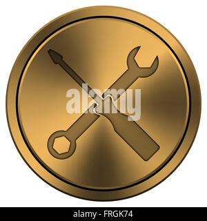 Metallische Symbol mit geschnitzten Designs auf Kupfer-farbigen Hintergrund Stockfoto