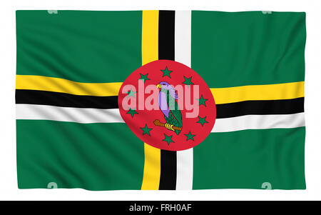 Flagge von Dominica, isoliert auf weiss. Stockfoto