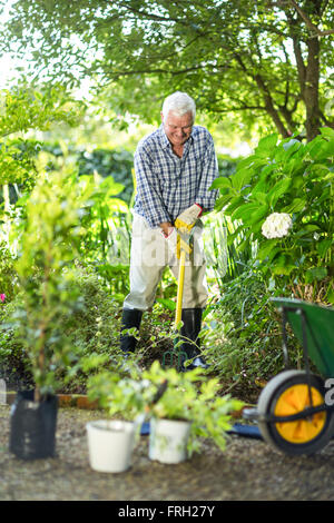 Senior woman über Rake im Garten Stockfoto