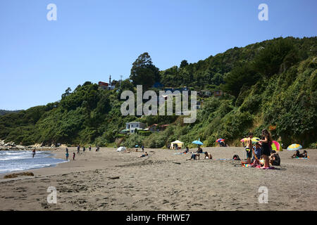 NIEBLA, CHILE - 2. Februar 2016: Unbekannte Menschen genießen die Sonne und das Wasser am Strand von Niebla, Chile Stockfoto