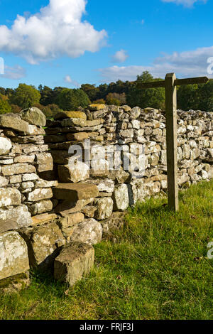 Wanderweg-Zeichen und Stil in einer Trockensteinmauer, in der Nähe von Aysgarth, Wensleydale, Yorkshire Dales National Park, England, UK Stockfoto