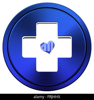 Metallische Symbol mit Design in weiß auf blauem Hintergrund Stockfoto