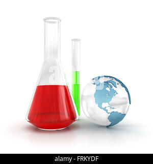 Reagenzglas und Globus, 3d gerenderte Bild. Stockfoto