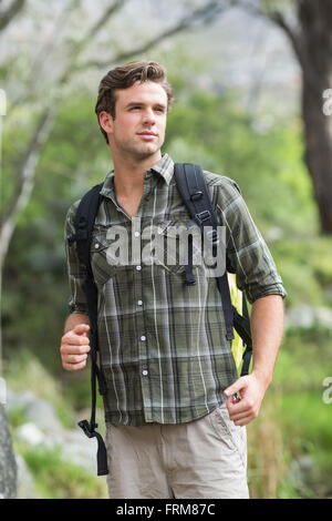 Junge Wanderer wegschauen im Wald Stockfoto