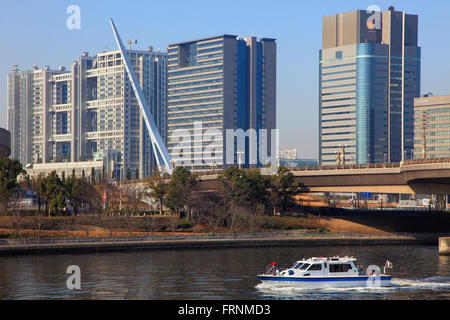 Japan, Tokio, Odaiba, Skyline, Fuji TV Hauptsitz, Boot, Stockfoto