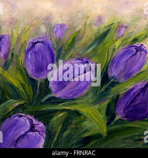 Original Ölgemälde zeigt lila Tulpe Blumen Blumenstrauß. Gattung der mehrjährige, bauchige Pflanzen in der Familie der Liliengewächse. Moderne Impres Stockfoto