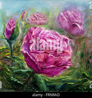 Original Ölgemälde zeigt rosa Pfingstrose Blumen Blumenstrauß. Gattung Paeonia, Familie Paeoniaceae.Modern Impressionismus, moderne, mari Stockfoto