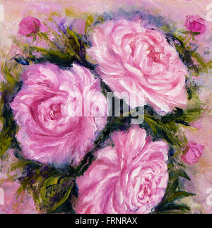 Original Ölgemälde zeigt rosa Pfingstrose Blumen Blumenstrauß. Gattung Paeonia, Familie Paeoniaceae.Modern Impressionismus, moderne, mari Stockfoto