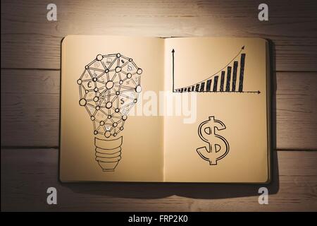 Zusammengesetztes Bild der finanziellen Kritzeleien auf notebook Stockfoto