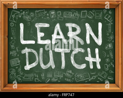 Lernen Sie Niederländisch Konzept. Grünen Tafel mit Doodle Symbole. Stockfoto