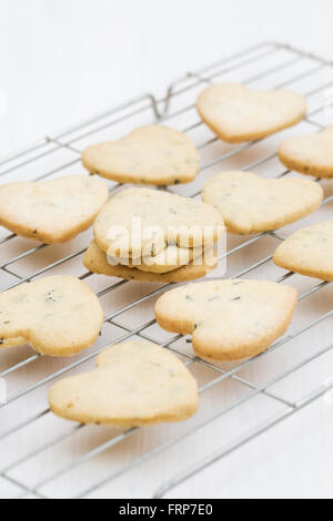 Herzförmige Cookies auf ein Kuchengitter. Stockfoto