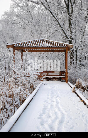 Wauconda, Illinois schneebedeckte Park Bezirk Wanderweg entlang Pony See. Stockfoto