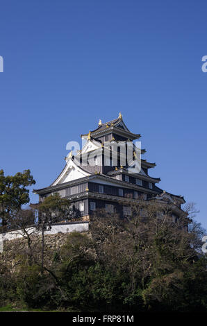 Okayama Castle von gesehen über den Asahi-Fluss im Frühjahr, Okayama, Japan Stockfoto