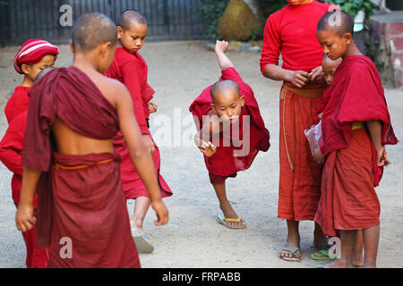 Junge buddhistische Mönche spielen in einem Tempel in Amarapura, Mandalay, Myanmar (Burma) Stockfoto