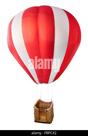 Modell rot-weiß gestreiften Heißluftballon mit leeren schwebenden Weidenkorb isoliert auf weißem Hintergrund Stockfoto
