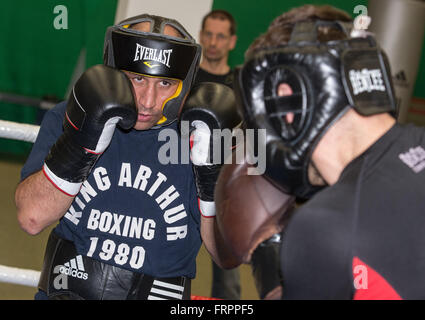 Kienbaum, Deutschland. 23. März 2016. Arthur Abraham, WBO super-Mittelgewichts-Weltmeister, während einer Presse-Trainingseinheit im Bundesleistungszentrum (lit. Bundesrepublik Schulungszentrum) in Kienbaum, Deutschland, 23. März 2016 abgebildet. Abraham will Geschichte auf 09.04.2016 schreiben, indem Sie zu der ersten deutschen Boxer um einen WM-Kampf in Las Vegas zu gewinnen. Er stellt die derzeit ungeschlagen Gilberto Ramirez von Mexiko. Foto: PATRICK PLEUL/DPA/Alamy Live-Nachrichten Stockfoto