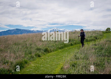 Kaikoura, Neuseeland. 21. Oktober 2015. Kaikoura, Neuseeland - 21. Oktober 2015 - Spaziergänge ein weibliche Wanderer mit trekking-Stöcke auf dem Kaikoura Halbinsel Gehweg mit schneebedeckten Bergen im Hintergrund am 21. Oktober 2015 in Kaikoura, Neuseeland. © Dpa/Alamy Live-Nachrichten Stockfoto