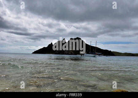 Ein Katamaran, gesehen vom Strand am Robinson-Insel in den Mamanucas, Fidschi Stockfoto