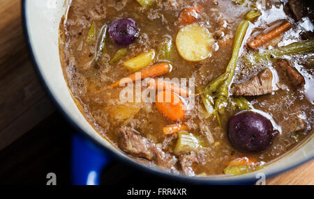 Blaue Dutch Oven gefüllt mit hausgemachte Rindfleisch-Eintopf. Stockfoto