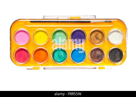 Satz von Wasser Farbe Farben und Pinsel isoliert auf weiss Stockfoto