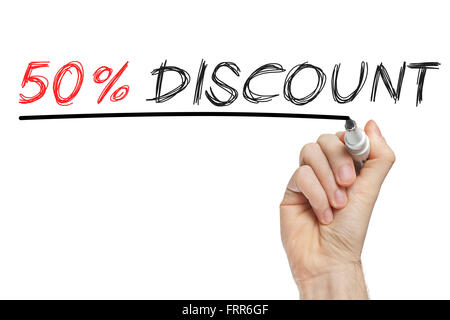 Handschrift-50 Prozent Rabatt auf Whiteboard isoliert Stockfoto