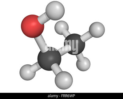 Ethanol (EtOH, Ethylalkohol) Molekül, chemische Struktur isoliert auf weiss. Ethanol ist der psychoaktive Hauptbestandteil vieler Stockfoto