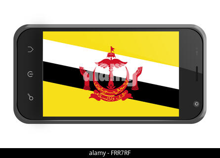 Brunei-Flag auf Smartphone-Bildschirm, isoliert auf weiss Stockfoto