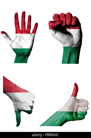 Hände mit mehreren Gesten (Open palm, geschlossenen Faust, Daumen nach oben und unten) mit Ungarn Flagge isoliert auf weiß lackiert Stockfoto