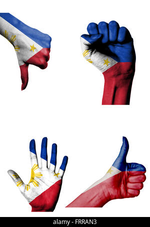Hände mit mehreren Gesten (Open palm, geschlossenen Faust, Daumen nach oben und unten) mit Philippinen-Flagge isoliert auf weiß lackiert Stockfoto