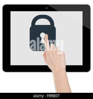 Weibliche Hände berühren Tablet-PC mit Sperre auf weißem Hintergrund Stockfoto