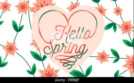 Hallo Frühling Brief Verzierung mit Blatt und Blüte, Frühling, Schriftzüge, Blumen, Blätter, Natur Stock Vektor