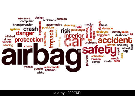 Airbag-Wort-Cloud-Konzept mit Sicherheit im Auto Verwandte tags Stockfoto