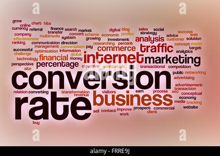 Conversion Rate Word Cloud-Konzept mit abstrakten Hintergrund Stockfoto