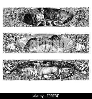 Drei schöne Vintage Art-deco-Grenzen mit Abenteuer, Wildnis und Hunt Elemente, alle umrahmt von Iper geschmückt Schnörkel Umhüllung Tierwelt und Tiger Köpfe Stockfoto