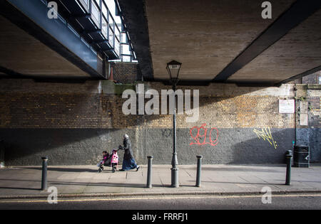 eine Frau im Kopftuch ein Kleinkind in einem Kinderwagen schieben gehen Sie unter einer Eisenbahnbrücke in East London Stockfoto