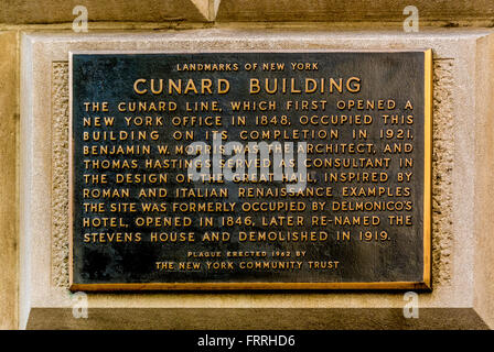Plakette außerhalb der Cunard Building, New York City, USA Stockfoto